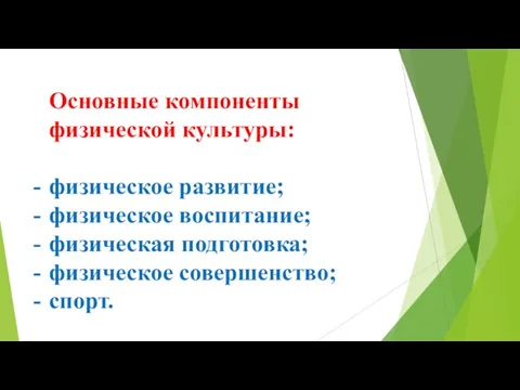 Основные компоненты физической культуры: физическое развитие; физическое воспитание; физическая подготовка; физическое совершенство; спорт.