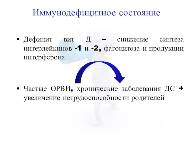 Иммунодефицитное состояние Дефицит вит Д – снижение синтеза интерлейкинов -1 и -2,