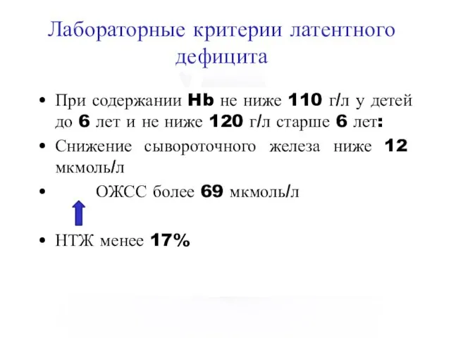 Лабораторные критерии латентного дефицита При содержании Hb не ниже 110 г/л у