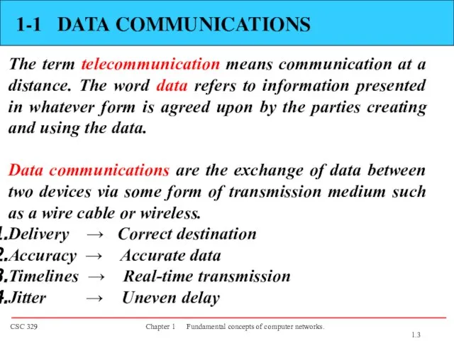 1-1 DATA COMMUNICATIONS The term telecommunication means communication at a distance. The