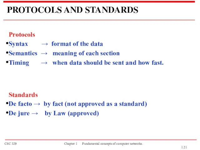 PROTOCOLS AND STANDARDS Protocols Syntax → format of the data Semantics →