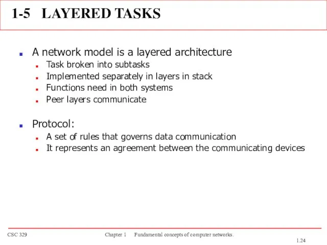 1-5 LAYERED TASKS A network model is a layered architecture Task broken