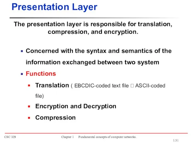 The presentation layer is responsible for translation, compression, and encryption. Presentation Layer