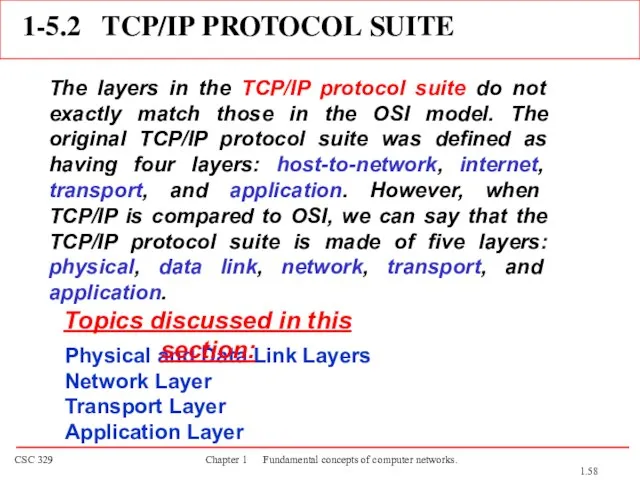 1-5.2 TCP/IP PROTOCOL SUITE The layers in the TCP/IP protocol suite do