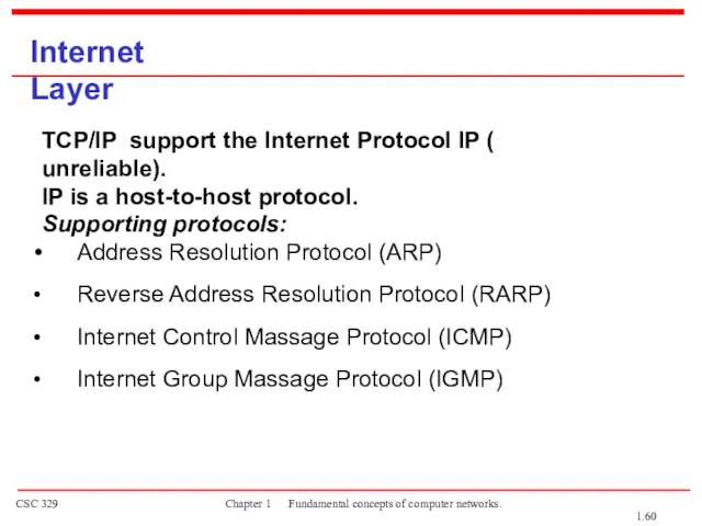 Internet Layer TCP/IP support the Internet Protocol IP ( unreliable). IP is