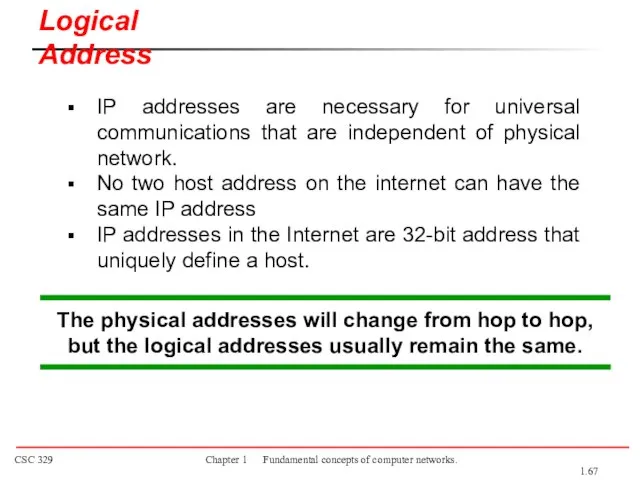 The physical addresses will change from hop to hop, but the logical