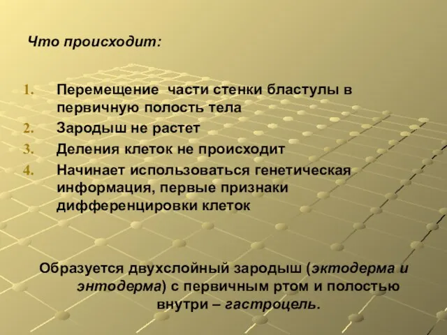 Что происходит: Перемещение части стенки бластулы в первичную полость тела Зародыш не