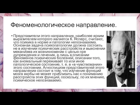 Феноменологическое направление. Представители этого направ­ления, наиболее ярким выразителем которого является К. Ясперс,