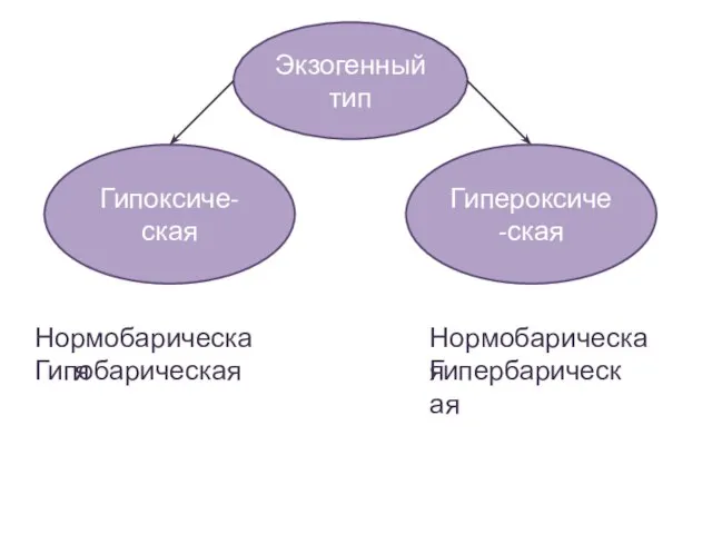 Экзогенный тип Гипероксиче-ская Гипоксиче-ская Нормобарическая Нормобарическая Гипобарическая Гипербарическая