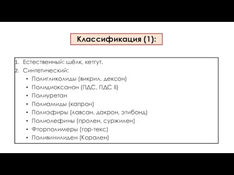 Классификация (1): Естественный: шёлк, кетгут. Синтетический: Полигликолиды (викрил, дексон) Полидиоксанон (ПДС, ПДС