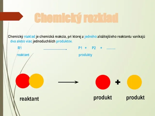 Chemický rozklad Chemický rozklad je chemická reakcia, pri ktorej z jedného zložitejšieho