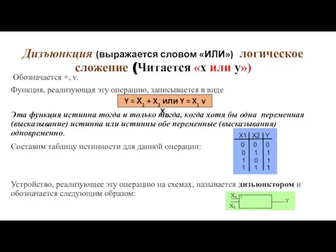 Дизъюнкция (выражается словом «ИЛИ») логическое сложение (Читается «x или y») Обозначается +,