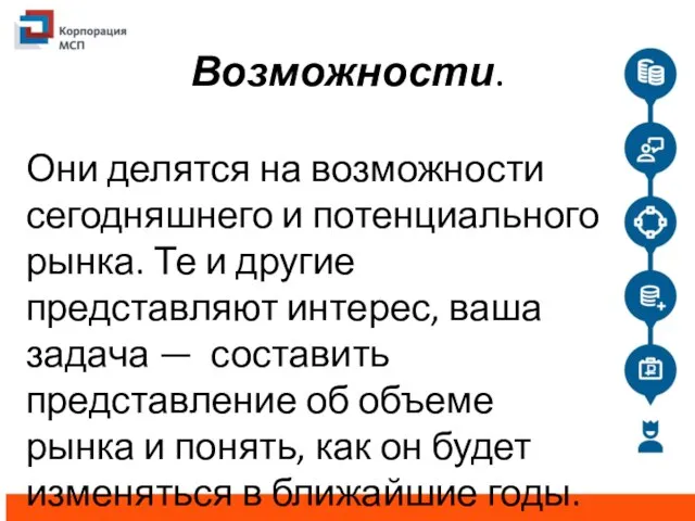 Они делятся на возможности сегодняшнего и потенциального рынка. Те и другие представляют