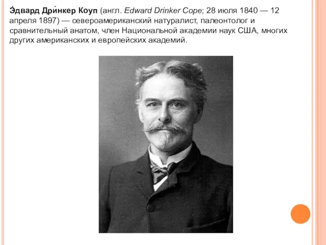 Э́двард Дри́нкер Коуп (англ. Edward Drinker Соре; 28 июля 1840 — 12