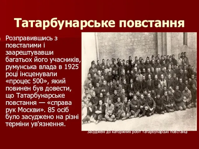 Татарбунарське повстання Розправившись з повсталими і заарештувавши багатьох його учасників, румунська влада