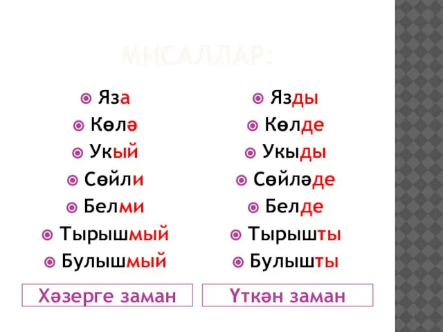 МИСАЛЛАР: Хәзерге заман Үткән заман Яза Көлә Укый Сөйли Белми Тырышмый Булышмый