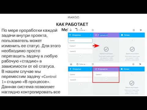 По мере проработки каждой задачи внутри проекта, пользователь может изменить ее статус.