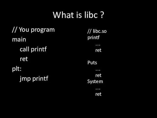 What is libc ? // libc.so printf … ret Puts … ret