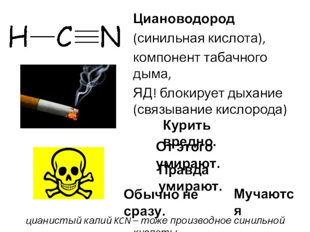 Циановодород (синильная кислота), компонент табачного дыма, ЯД! блокирует дыхание (связывание кислорода) Курить