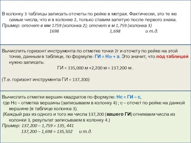 В колонку 3 таблицы записать отсчеты по рейке в метрах. Фактически, это