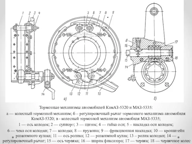 Тормозные механизмы автомобилей КамАЗ-5320 и МАЗ-5335: а — колесный тормозной механизм; б