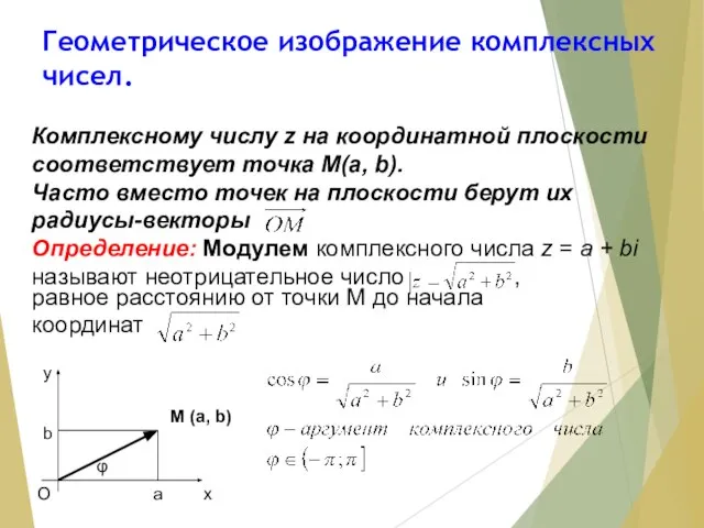 Геометрическое изображение комплексных чисел. Комплексному числу z на координатной плоскости соответствует точка