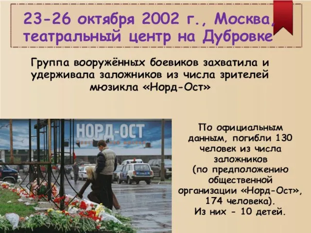 23-26 октября 2002 г., Москва, театральный центр на Дубровке Группа вооружённых боевиков