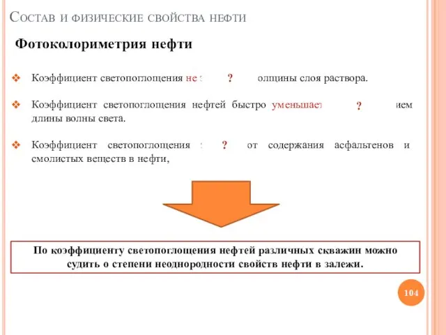 Фотоколориметрия нефти Состав и физические свойства нефти Коэффициент светопоглощения не зависит от