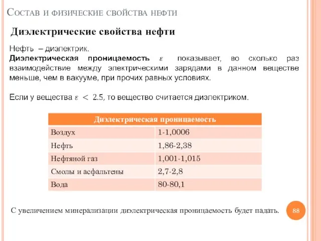 Состав и физические свойства нефти Диэлектрические свойства нефти С увеличением минерализации диэлектрическая проницаемость будет падать.