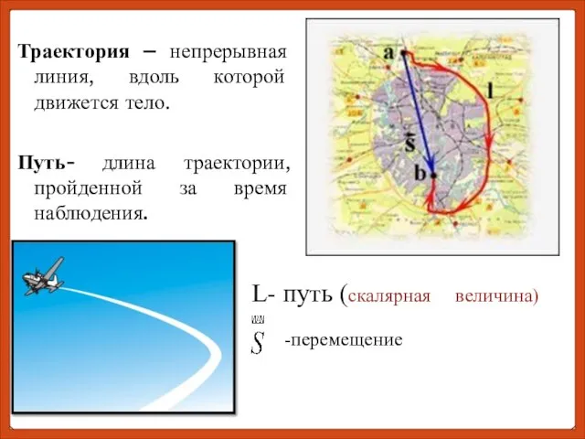 Траектория – непрерывная линия, вдоль которой движется тело. Путь- длина траектории, пройденной