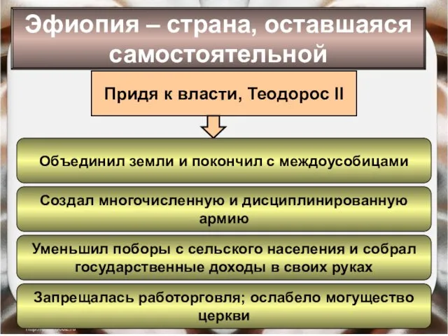 Эфиопия – страна, оставшаяся самостоятельной Придя к власти, Теодорос II Объединил земли