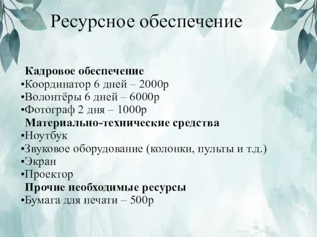 Ресурсное обеспечение Кадровое обеспечение Координатор 6 дней – 2000р Волонтёры 6 дней