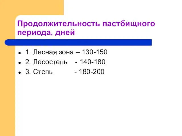 Продолжительность пастбищного периода, дней 1. Лесная зона – 130-150 2. Лесостепь -