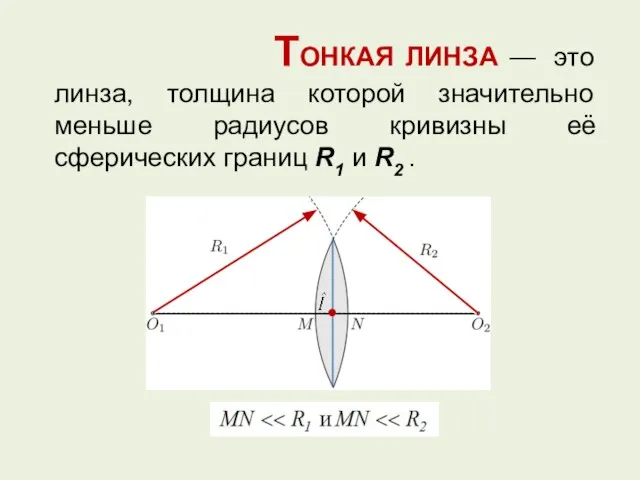 ТОНКАЯ ЛИНЗА — это линза, толщина которой значительно меньше радиусов кривизны её