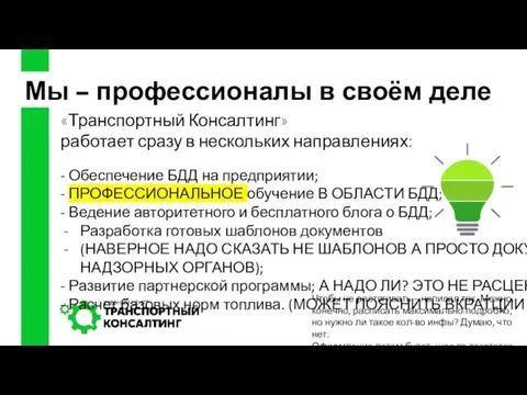 Мы – профессионалы в своём деле «Транспортный Консалтинг» работает сразу в нескольких