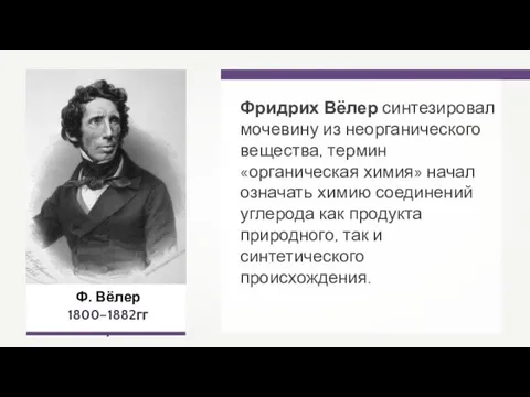 Ф. Вёлер 1800–1882гг. Фридрих Вёлер синтезировал мочевину из неорганического вещества, термин «органическая