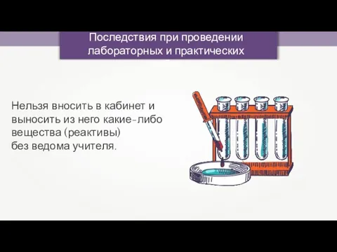 Последствия при проведении лабораторных и практических работ Нельзя вносить в кабинет и