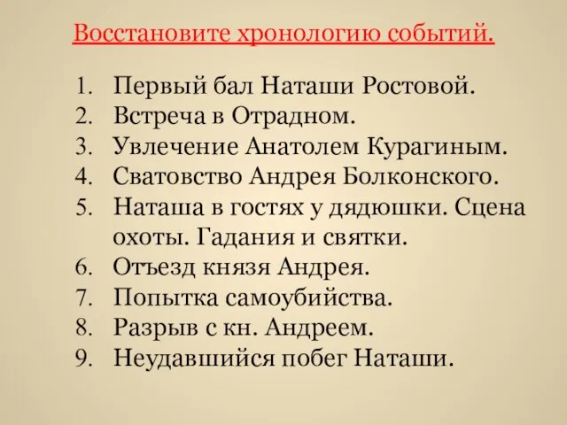 Восстановите хронологию событий. Первый бал Наташи Ростовой. Встреча в Отрадном. Увлечение Анатолем