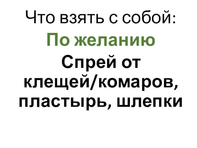 Что взять с собой: По желанию Спрей от клещей/комаров, пластырь, шлепки