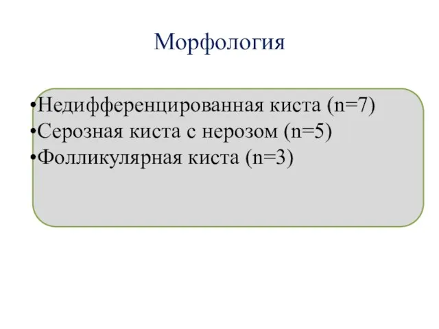 Морфология Недифференцированная киста (n=7) Серозная киста с нерозом (n=5) Фолликулярная киста (n=3)