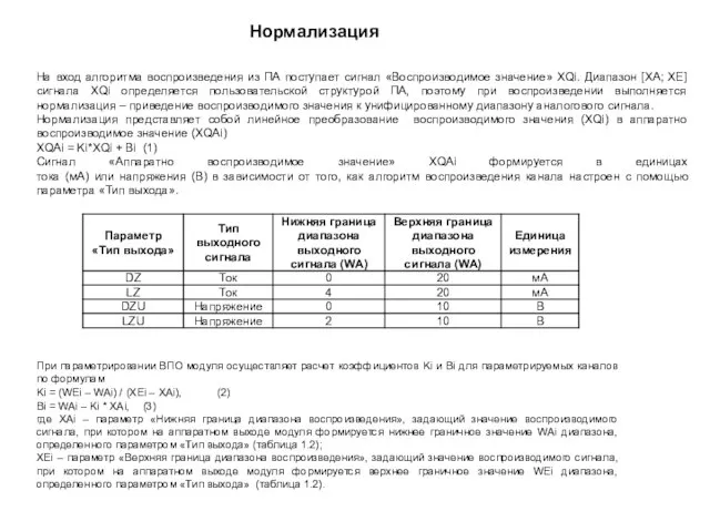 Нормализация На вход алгоритма воспроизведения из ПА поступает сигнал «Воспроизводимое значение» XQi.