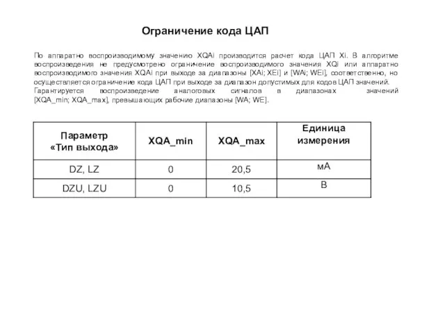 Ограничение кода ЦАП По аппаратно воспроизводимому значению XQAi производится расчет кода ЦАП