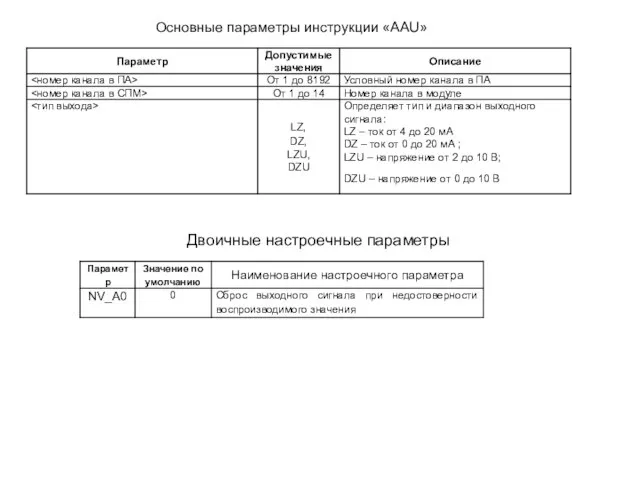 Основные параметры инструкции «AAU» Двоичные настроечные параметры