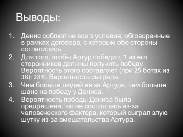 Выводы: Денис соблюл не все 3 условия, обговоренные в рамках договора, с