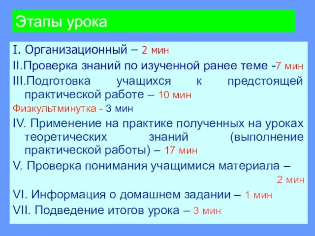 Этапы урока I. Организационный – 2 мин II.Проверка знаний по изученной ранее