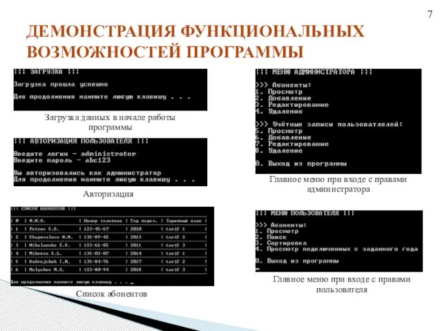 Загрузка данных в начале работы программы ДЕМОНСТРАЦИЯ ФУНКЦИОНАЛЬНЫХ ВОЗМОЖНОСТЕЙ ПРОГРАММЫ 7 Авторизация