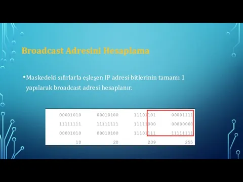 Broadcast Adresini Hesaplama Maskedeki sıfırlarla eşleşen IP adresi bitlerinin tamamı 1 yapılarak broadcast adresi hesaplanır.