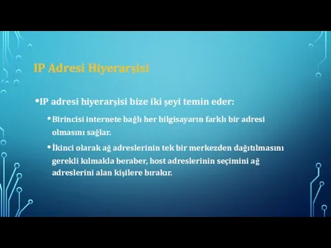 IP Adresi Hiyerarşisi IP adresi hiyerarşisi bize iki şeyi temin eder: Birincisi