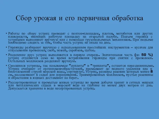 Сбор урожая и его первичная обработка Работы по сбору устриц проводят с