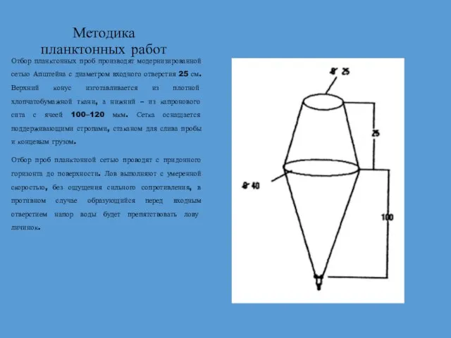 Методика планктонных работ Отбор планктонных проб производят модернизированной сетью Апштейна с диаметром